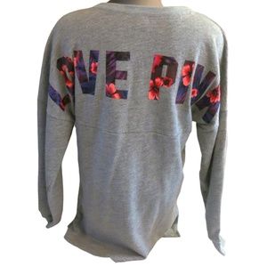 Victoria's Secret PINK Grey w/ Floral Logo Lace Up Long Sleeve Campus Tee XS